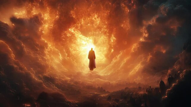 God like silhouette emerges from a fiery inferno above a city engulfed in flames, evoking faith, fear, hope, and salvation