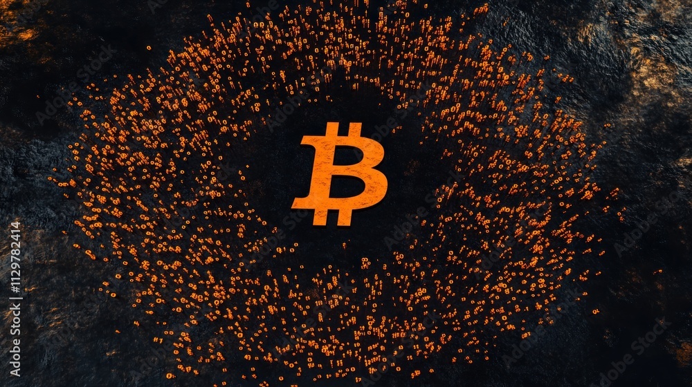 Poster bitcoin symbol surrounded by glowing orange particles on dark background.