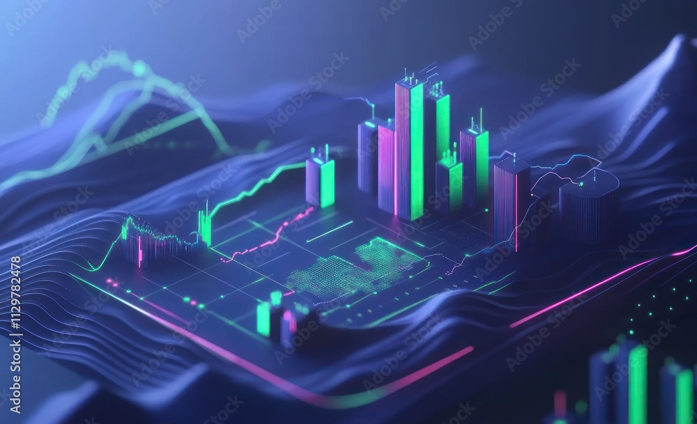 Aufkleber Abstract 3D rendering of financial data visualized as a city skyline on a wavy surface with glowing lines and graphs.