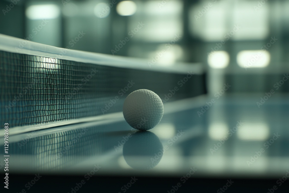 Poster Close-up of a white ping pong ball on a reflective table beside the net.