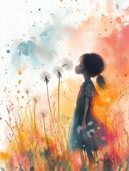 Girl blowing dandelion seeds in a colorful meadow. Watercolor painting of child in a field with vibrant background. Child enjoys nature. Peaceful scene of child and dandelions.