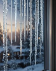 Glittery icicles hanging from a frosty windowpane on a cold winter morning , frosty, sparkle