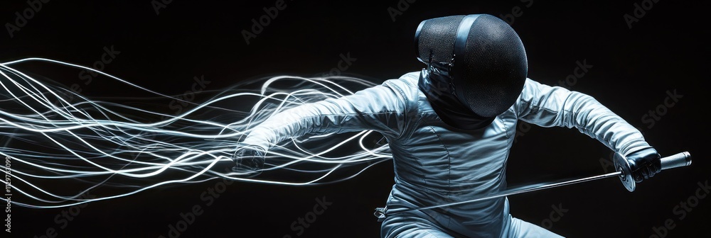 Poster fencing athlete in action, dynamic pose with light trails.