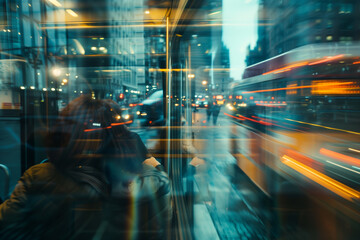 Blur motion busy urban downtown city crowd people commuter public transportation. Business center office building concept