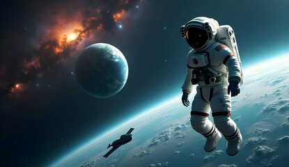 Naklejka premium This image depicts an astronaut floating in outer space. The astronaut is wearing a white spacesuit with a blue stripe and a helmet. They are surrounded by stars and a distant planet.