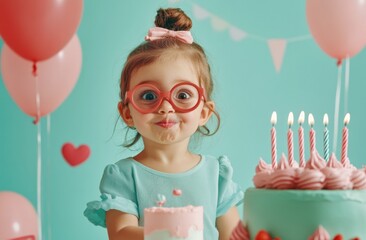 Happy toddler girl blowing out candles on birthday cake.