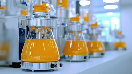 Laboratory scene featuring glass flasks filled with vibrant orange liquid, showcasing a modern and clean research environment.