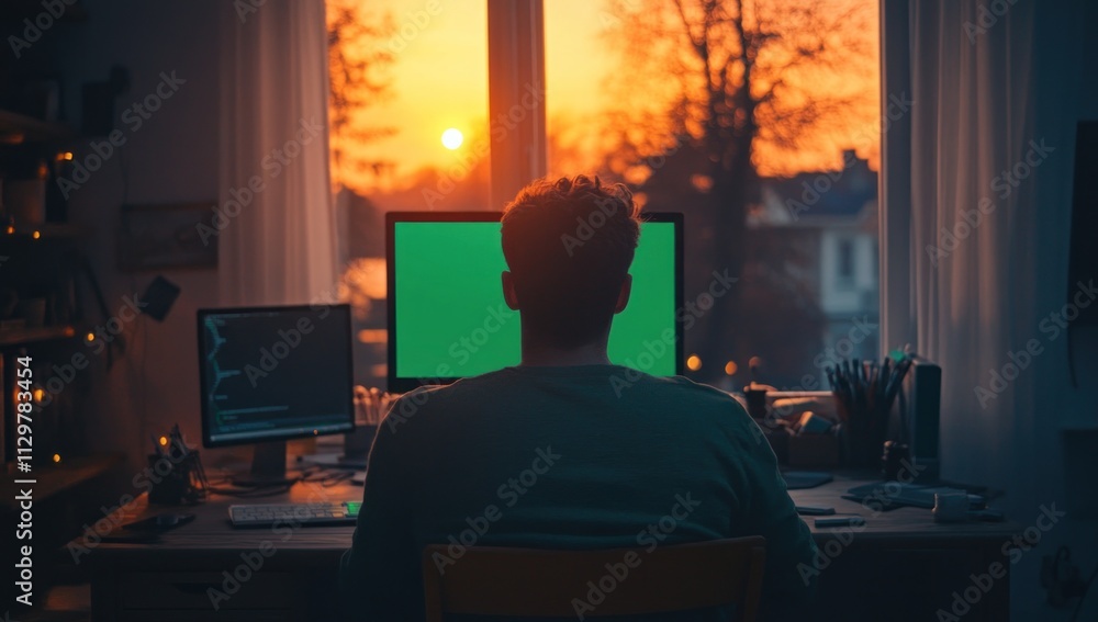 Poster man working at computer during sunset.