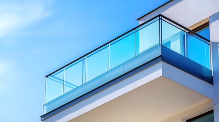 Fototapeta premium Modern apartment building balcony with glass railing against a blue sky.