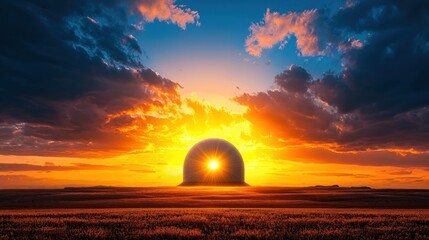 Obraz premium A stunning sunset with vibrant colors, featuring a large, rounded silhouette against a dramatic sky filled with clouds.