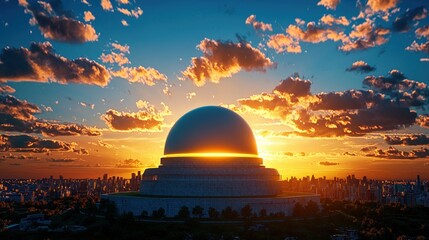 Obraz premium A stunning sunset casts a golden glow over a dome structure, silhouetted against a vibrant sky filled with clouds.