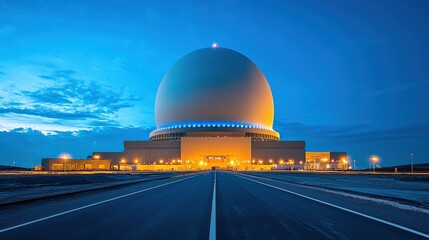Obraz premium A large, illuminated dome structure stands at dusk, surrounded by a clear road and a serene sky, showcasing modern architecture and technology.