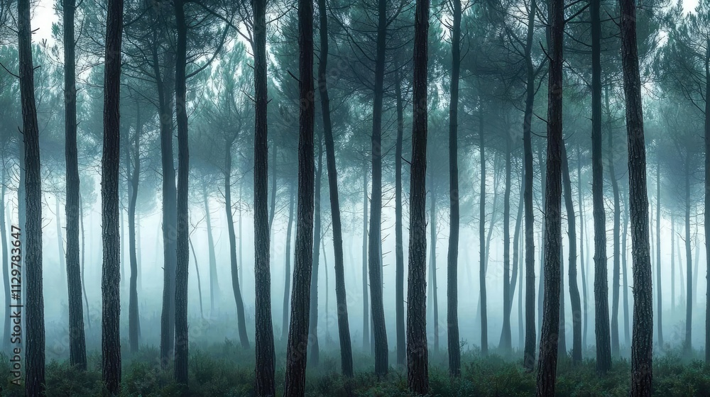 Poster serene forest with tall trees shrouded in mysterious fog creating a tranquil atmosphere.