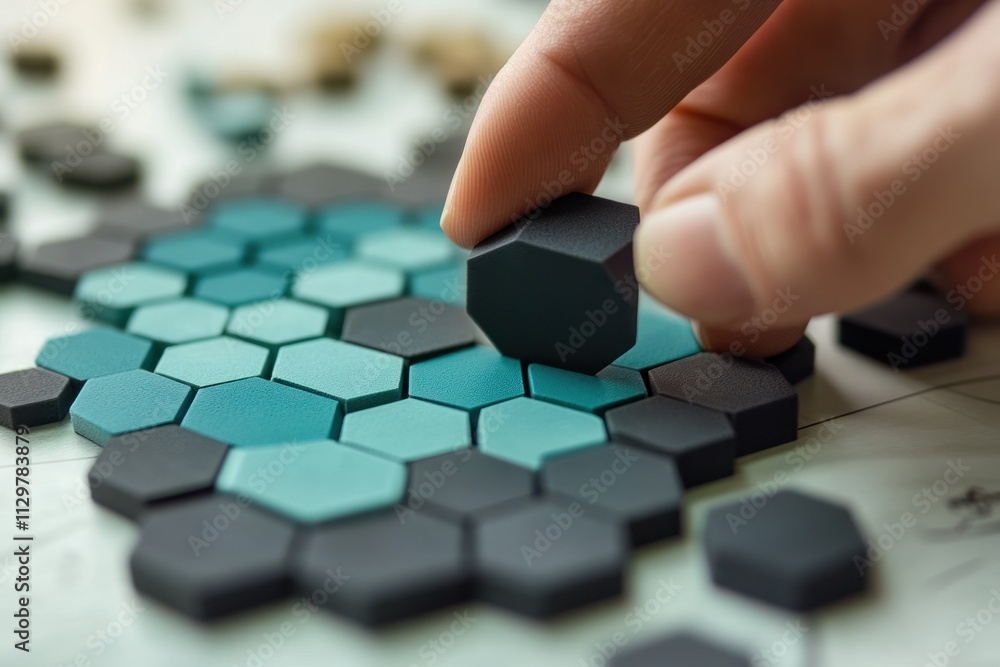 Poster Hand placing hexagonal piece onto a honeycomb pattern.