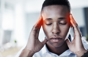 Stress, headache and black man in office, sick and thinking of debt, burnout and overworked with...