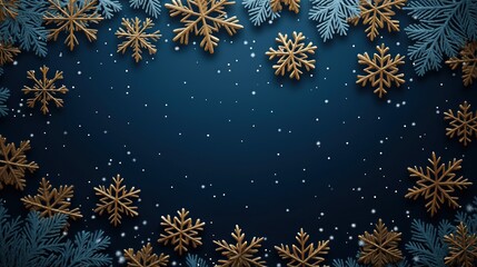Elegant dark blue Christmas backdrop with gold snowflakes. Wintery design with festive decorations. Perfect for holiday cards social media. Pro studio photo. Suitable for various Christmas-themed