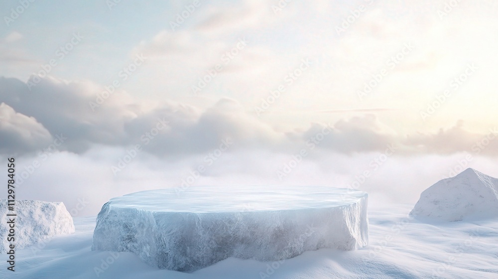 Poster abstract 3d render of winter scene with ice podium and clouds