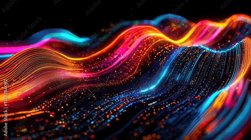 Poster vibrant waves of light in dynamic colors create a mesmerizing digital landscape.