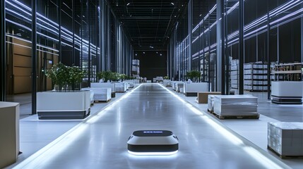 Autonomous robots navigating a modern warehouse, transporting goods efficiently through a well-organized space, representing cutting-edge logistics technology 