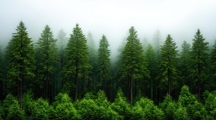 Fototapeta premium A serene forest landscape with towering evergreen trees shrouded in mist.