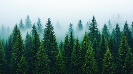 Fototapeta premium A serene landscape of dense evergreen trees shrouded in misty fog for serene nature vibes.