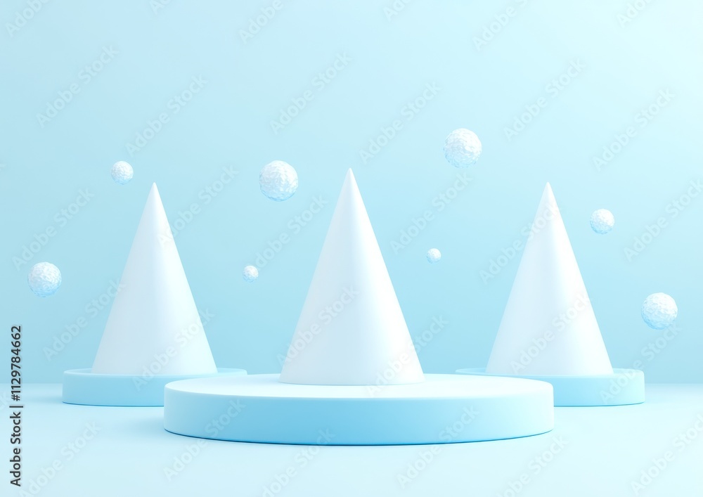 Poster three white cones on light blue platform with floating spheres.