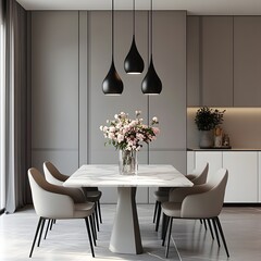 Modern Dining Room with Marble Table and Elegant Decor. Featuring a Vase of Pink Blossoms, Sleek Black Pendant Lights and a Minimalist Sideboard with Greenery and Decorative Items.