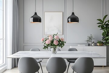 Modern Dining Room with Marble Table and Elegant Decor. Featuring a Vase of Pink Blossoms, Sleek Black Pendant Lights and a Minimalist Sideboard with Greenery and Decorative Items.