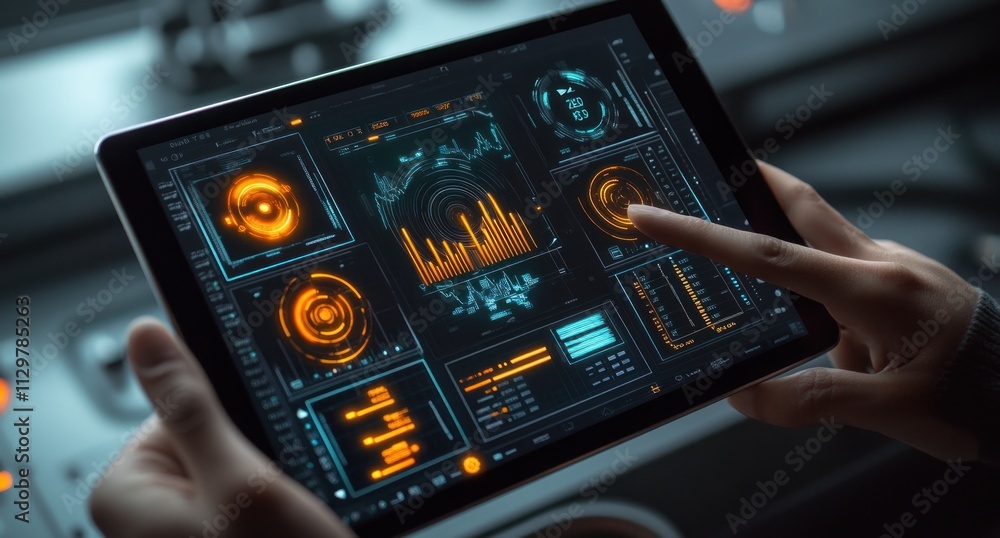 Leinwandbilder Hands using a tablet displaying data analytics.