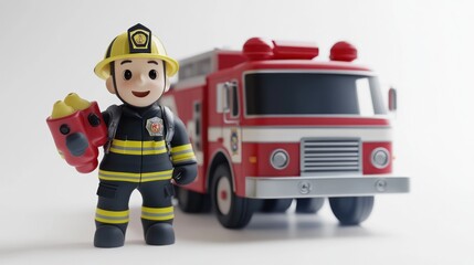 Cartoon firefighter with fire extinguisher and truck.