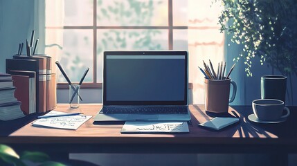Cozy Workspace with Laptop and Coffee Cup Surrounded by Writing Tools
