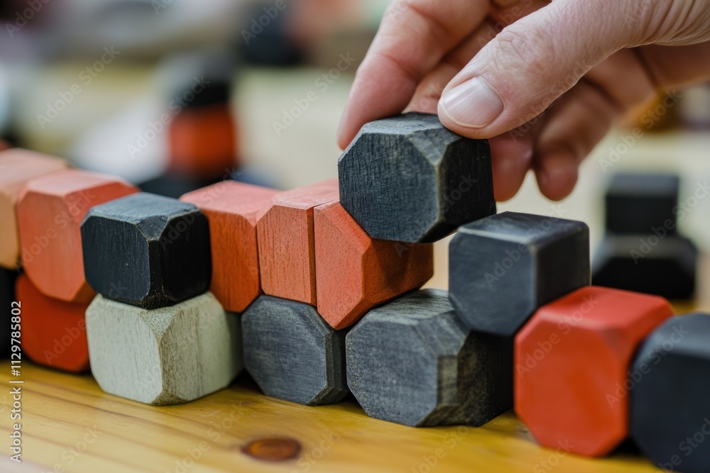 Poster hand placing wooden block in colorful geometric pattern.