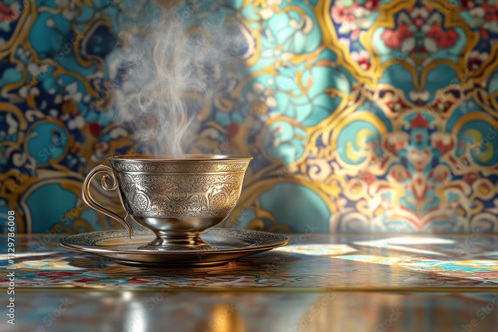 Poster steaming tea in ornate cup on patterned surface.