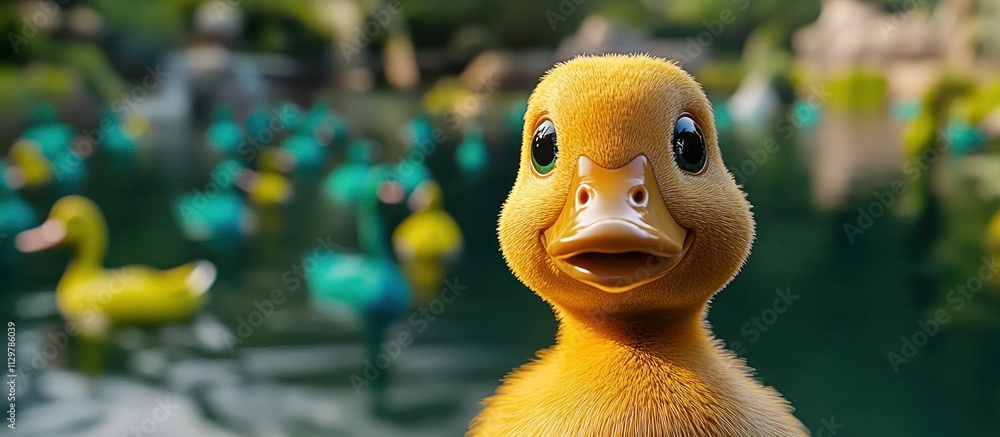 Poster cute fluffy duckling close-up with blurred background of other ducklings in a pond.