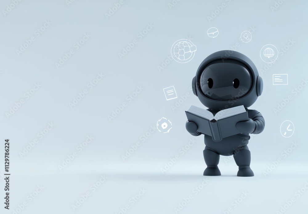 Poster cute robot astronaut reading a book surrounded by knowledge icons on a light blue background.