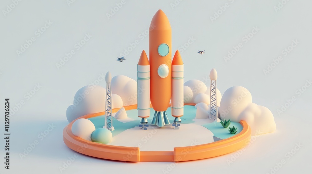 Poster Orange cartoon rocket ready for launch on a platform with clouds and supporting structures.