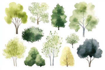 Collection of various trees, bushes in top view format for landscape design. Watercolor style with different shades of green colors. Suitable for various eco, nature projects like landscape design