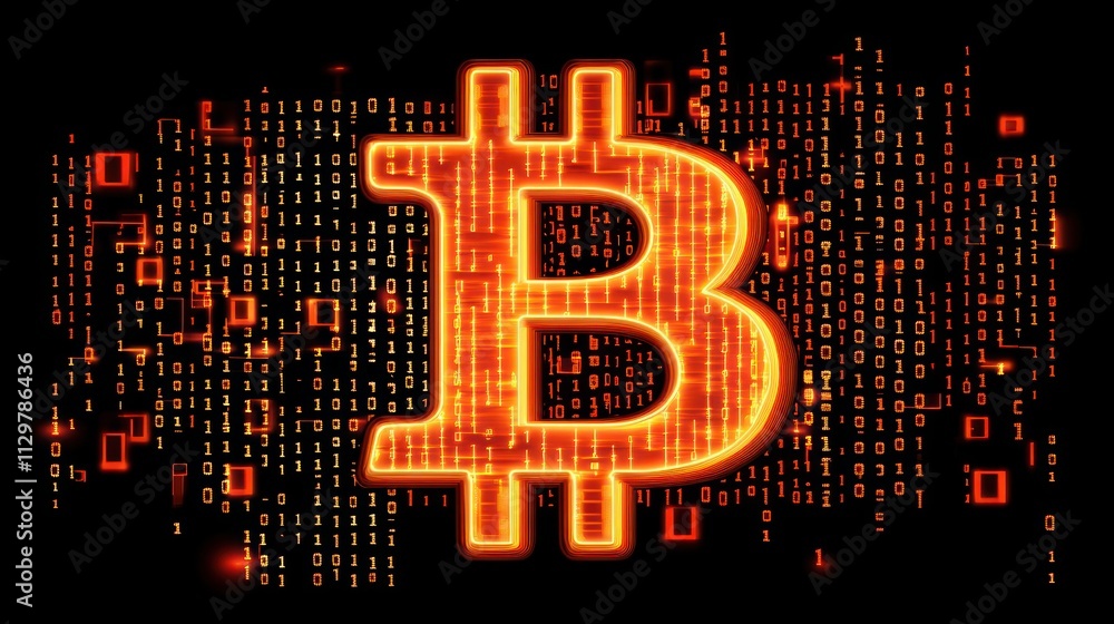 Poster Glowing Bitcoin symbol on binary code background.