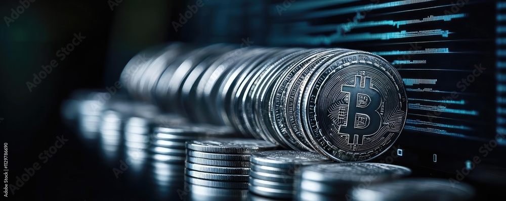 Poster currency value idea. close-up view of stacked bitcoin coins with digital graphs in the background.