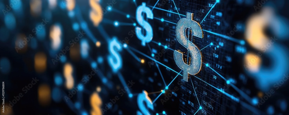 Poster currency value idea. digital currency symbols interconnected in a modern financial technology networ