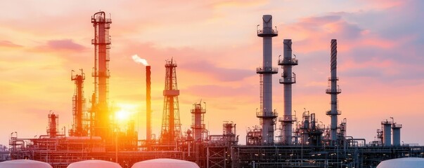 Obraz premium Oil petroleum idea. Industrial landscape at sunset with smokestacks and clouds in vibrant colors.