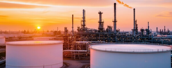 Obraz premium Oil petroleum idea. Industrial facility with storage tanks and smokestacks during a vibrant sunset.