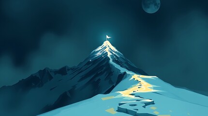 Majestic snow-covered mountain peak with a glowing light path leading to a flag at the summit, surrounded by mist and illuminated by soft pink light, symbolizing success and achievement

