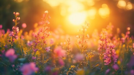 Sunset illuminating a field of pink wildflowers.