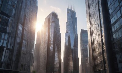 Modern cityscape with sleek glass and steel skyscrapers reflecting the sun, skyscraper, , metropolitan area