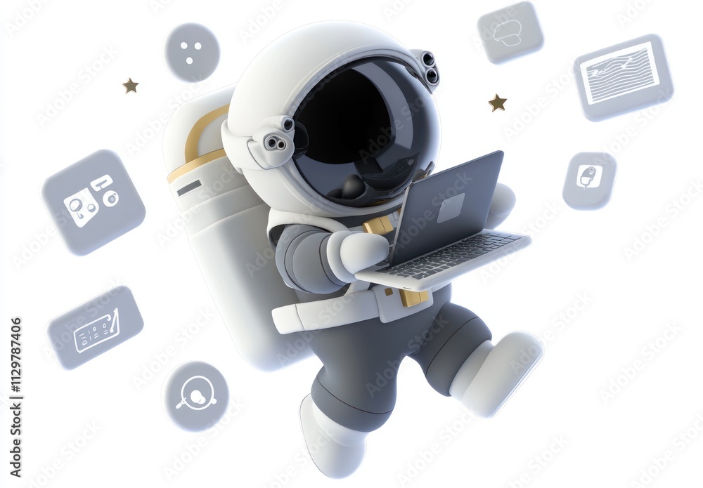 Poster Astronaut floating in space, working on laptop with digital icons.
