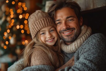Father and daughter snuggle by fireplace during holidays. They smile happily. Cozy scene. Warm colors. Christmas lights. Family photo. Holiday spirit. Festive time. Winter season.