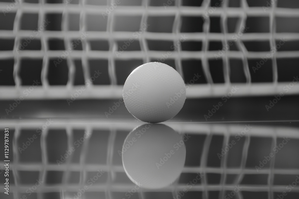 Poster Close-up of a white ping pong ball on a reflective surface with a blurred net in the background.