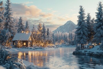 Fototapeta premium Cozy snow-covered cabin by a frozen river at sunset.