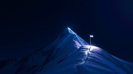 Majestic snow-covered mountain peak with a glowing light path leading to a flag at the summit, surrounded by mist and illuminated by soft pink light, symbolizing success and achievement

